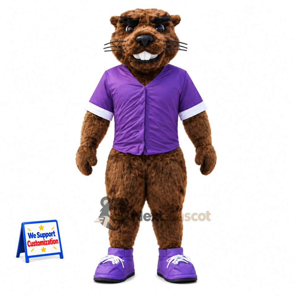 Beaver Mascot Costume - Brown, Purple Shirt Beaver Mascot Costume - Brown, Purple Shirt