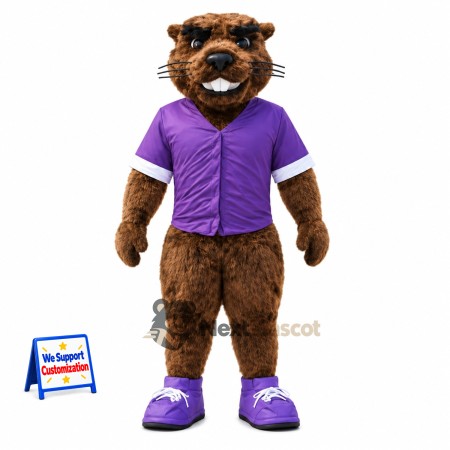 Beaver Mascot Costume - Brown, Purple Shirt Beaver Mascot Costume - Brown, Purple Shirt