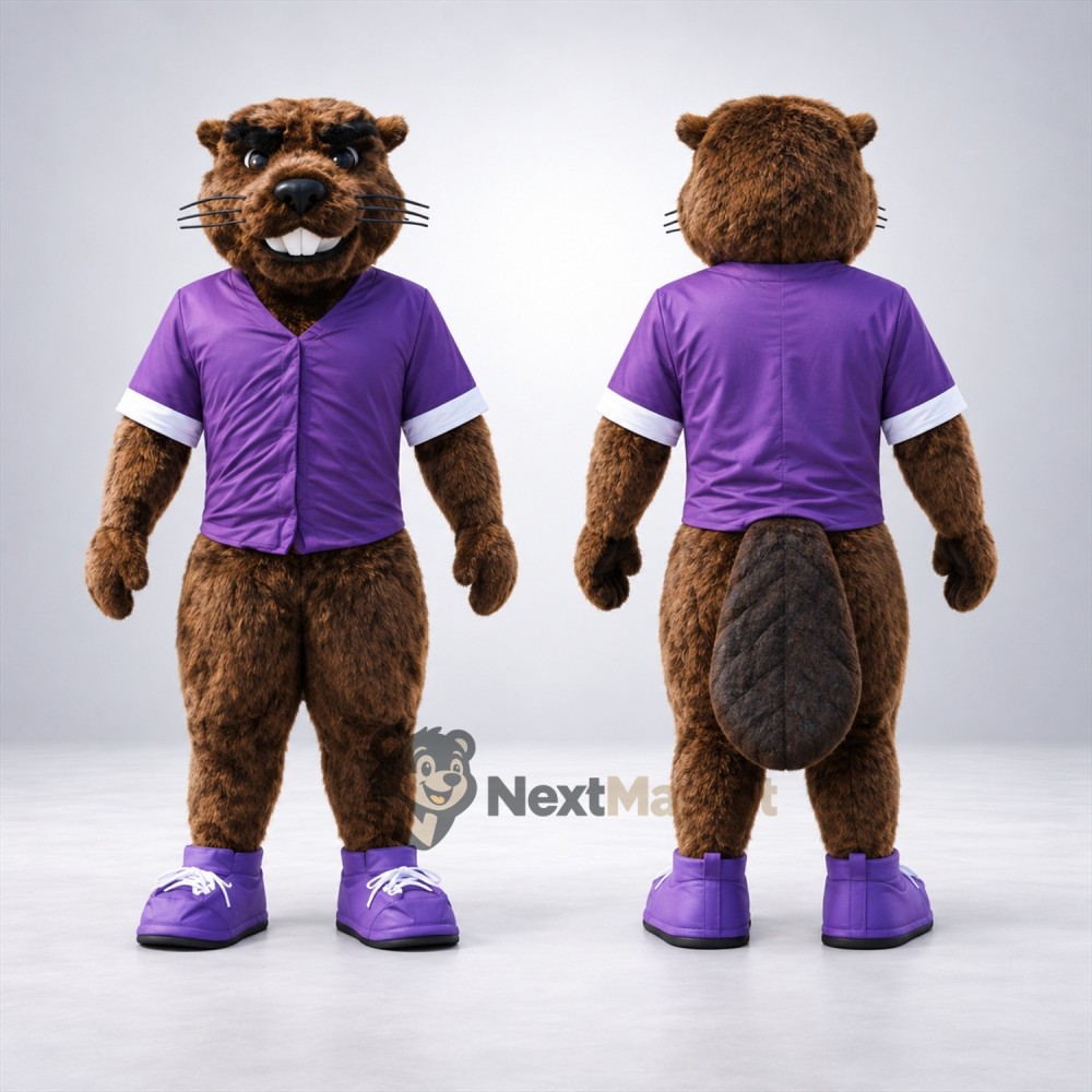 Beaver Mascot Costume - Brown, Purple Shirt Beaver Mascot Costume - Brown, Purple Shirt