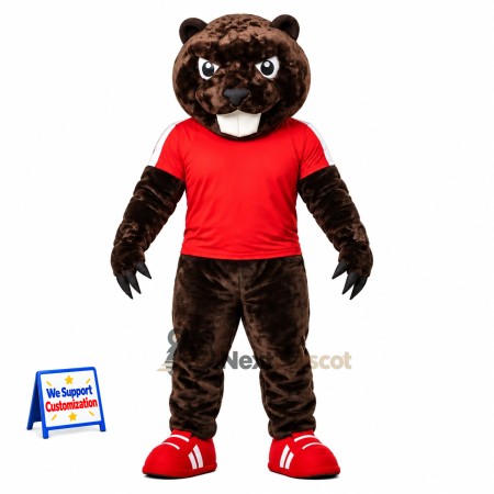 Beaver Mascot Costume - Brown, Red Shirt