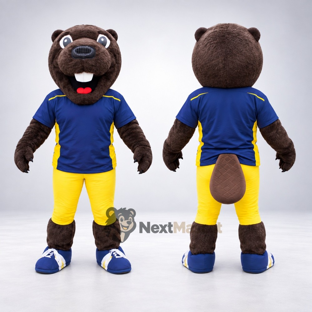 Beaver Mascot Costume - Brown, Blue Shirt Beaver Mascot Costume - Brown, Blue Shirt