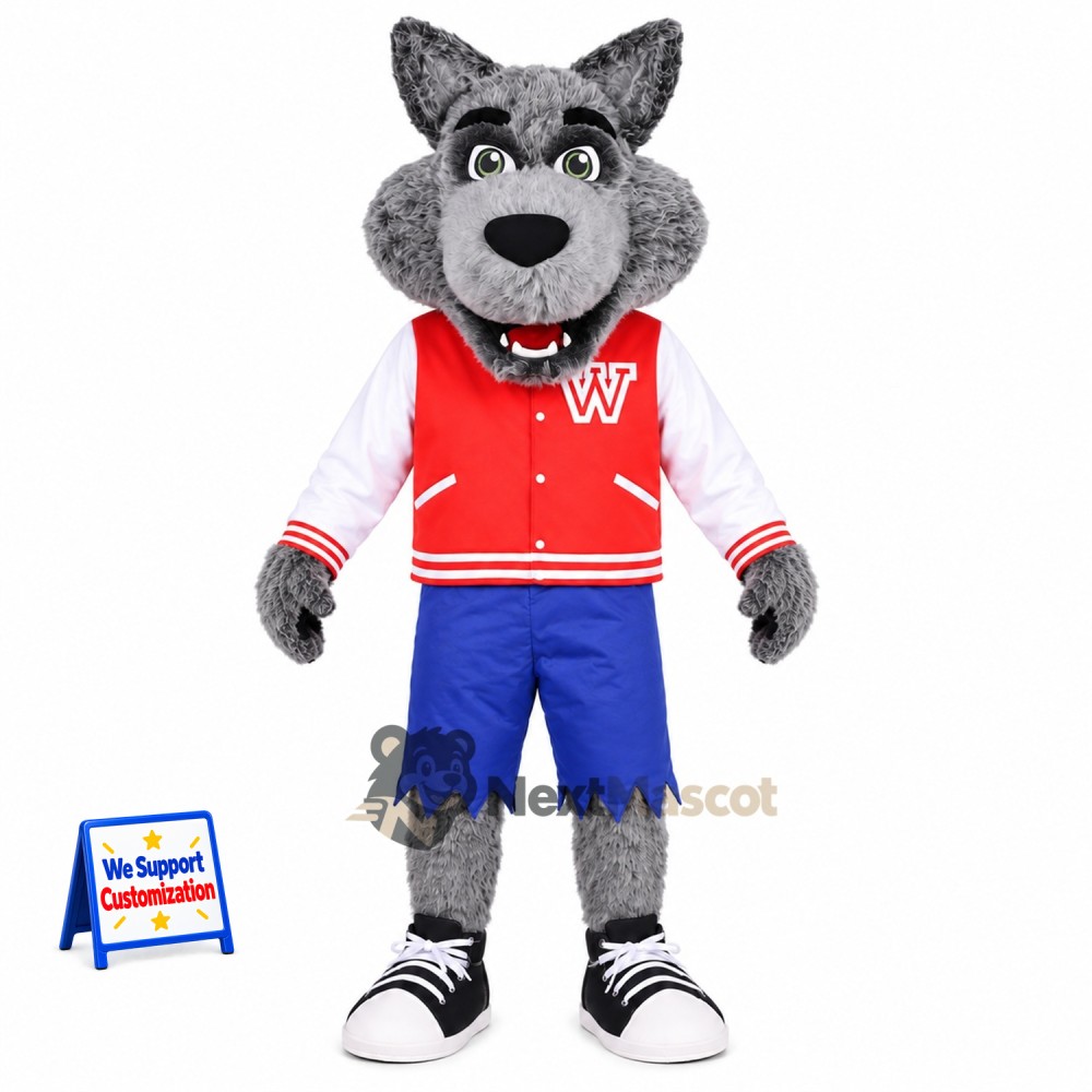 Wolf Mascot Costume - Gray, Red Jacket Wolf Mascot Costume - Gray, Red Jacket