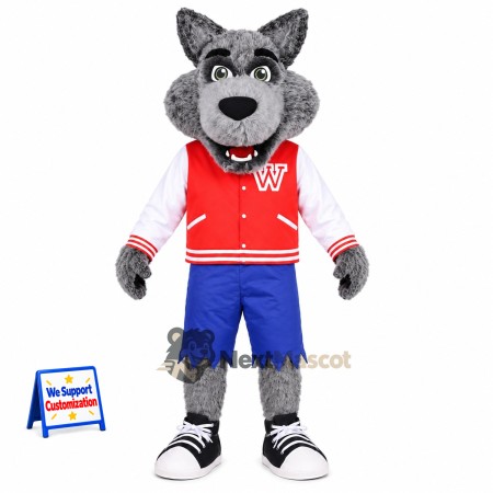 Wolf Mascot Costume - Gray, Red Jacket Wolf Mascot Costume - Gray, Red Jacket