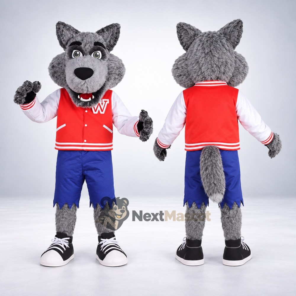 Wolf Mascot Costume - Gray, Red Jacket Wolf Mascot Costume - Gray, Red Jacket