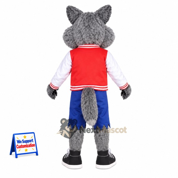 Wolf Mascot Costume - Gray, Red Jacket