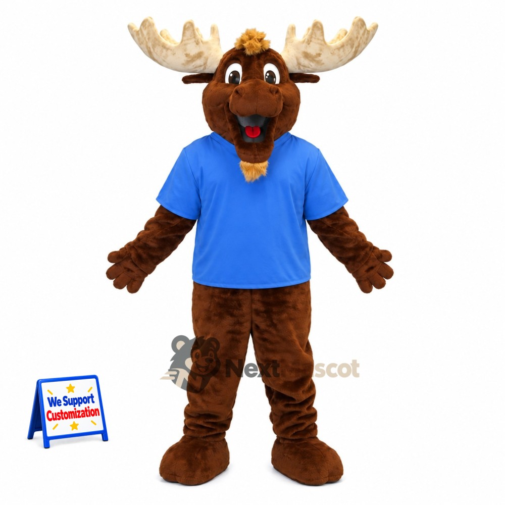 Moose Mascot Costume - Blue Shirt and Brown Shorts Moose Mascot Costume - Blue Shirt and Brown Shorts