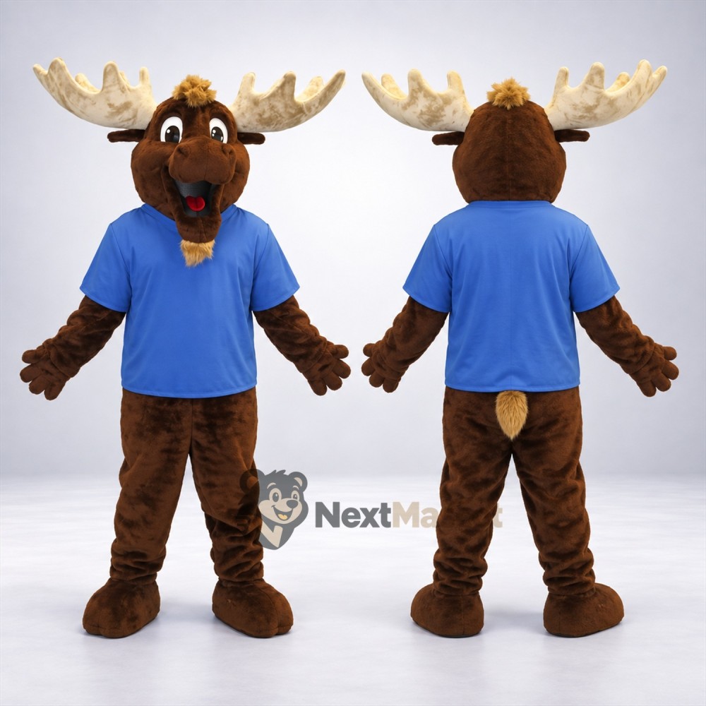 Moose Mascot Costume - Blue Shirt and Brown Shorts Moose Mascot Costume - Blue Shirt and Brown Shorts