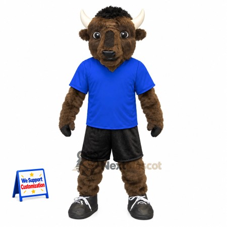 Buffalo Mascot Costume - Brown, Blue Shirt