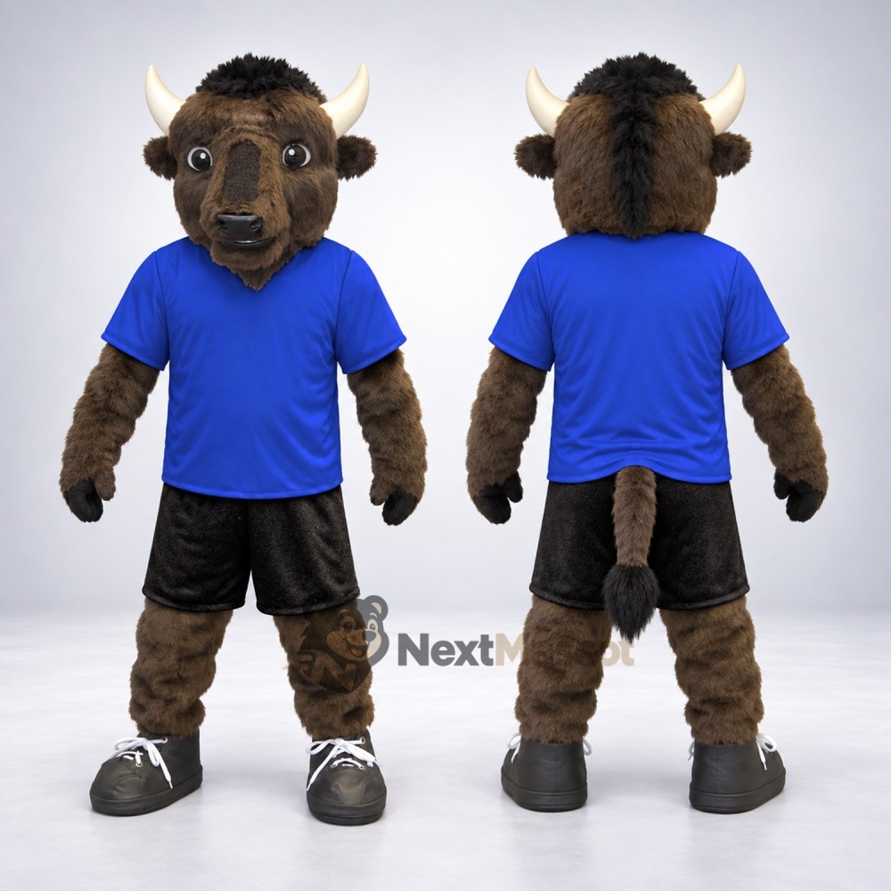 Buffalo Mascot Costume - Brown, Blue Shirt