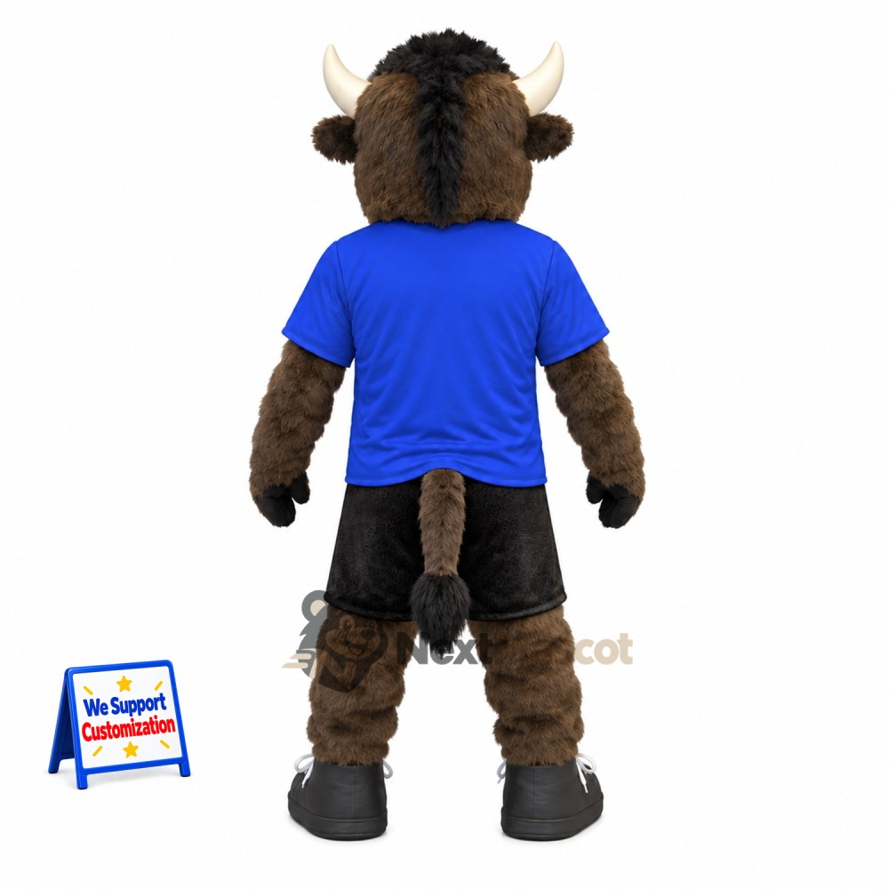 Buffalo Mascot Costume - Brown, Blue Shirt