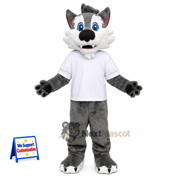 Wolf Mascot Costume - Gray, White Shirt