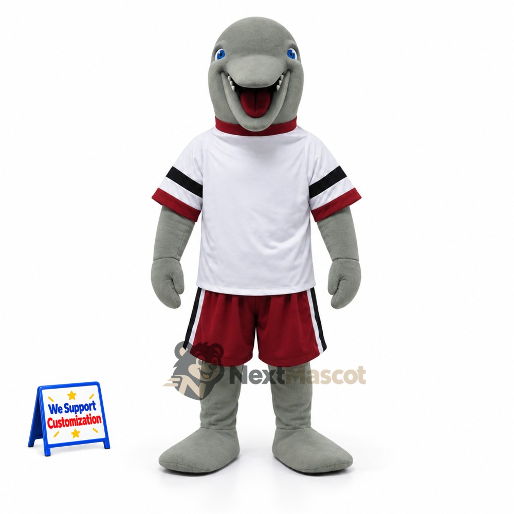 Dolphin Mascot Costume - Gray, White Shirt and Red Shorts Dolphin Mascot Costume - Gray, White Shirt and Red Shorts