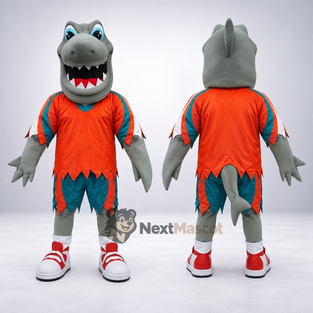 Shark Mascot Costume - Gray, Orange Shirt Shark Mascot Costume - Gray, Orange Shirt