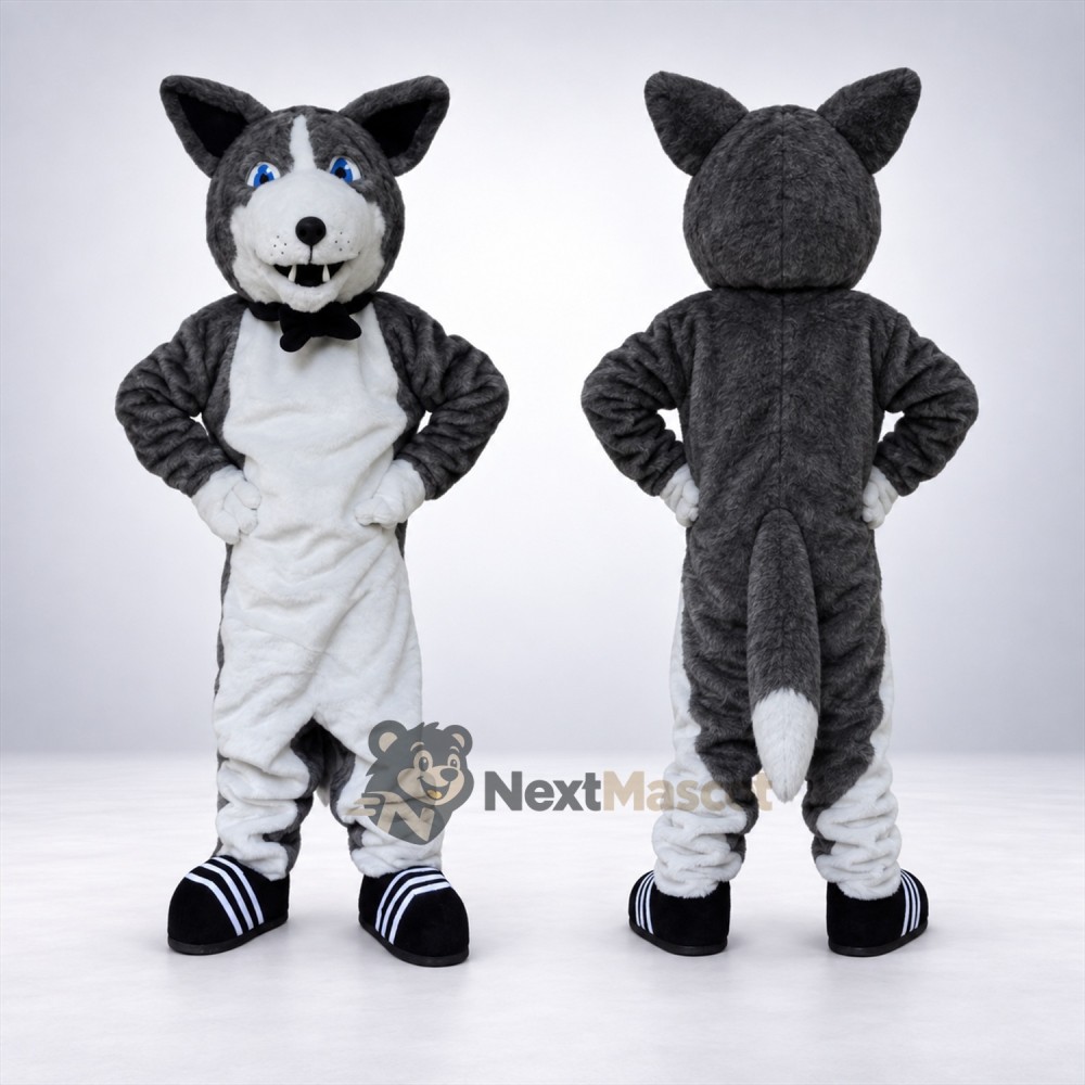 Husky Mascot Costume - Gray, Bow Tie Husky Mascot Costume - Gray, Bow Tie