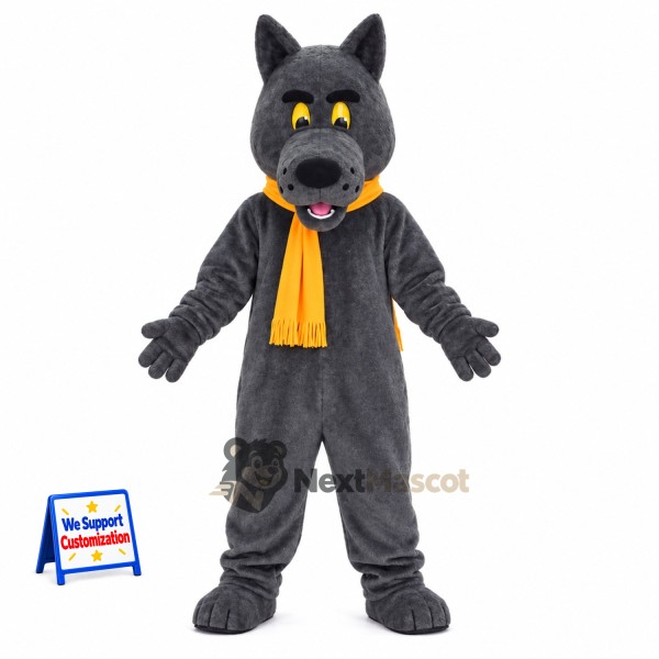 Wolf Mascot Costume - Gray, Yellow Scarf