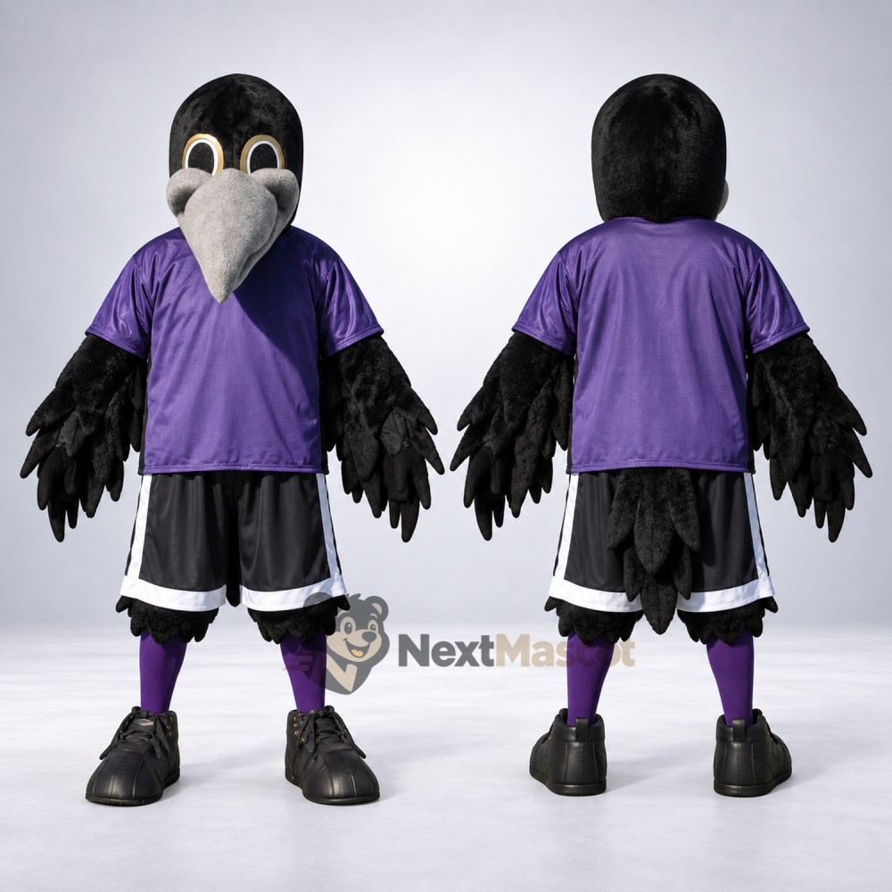 Crow Mascot Costume - Black, Purple Shirt Crow Mascot Costume - Black, Purple Shirt