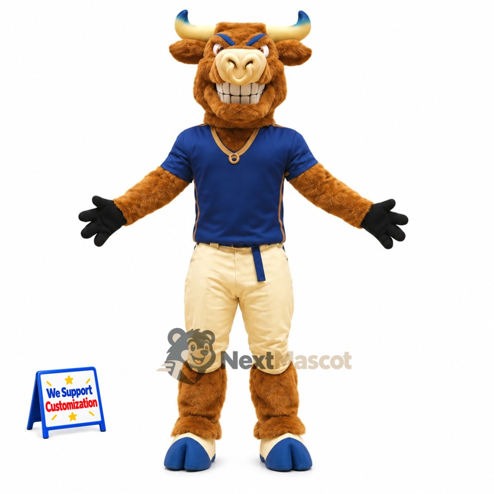 Bull Mascot Costume - Brown, Blue Shirt Bull Mascot Costume - Brown, Blue Shirt