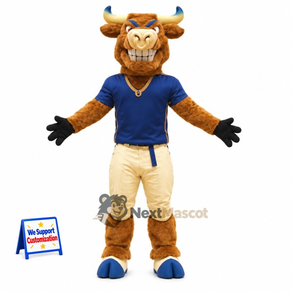 Bull Mascot Costume - Brown, Blue Shirt