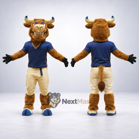 Bull Mascot Costume - Brown, Blue Shirt Bull Mascot Costume - Brown, Blue Shirt
