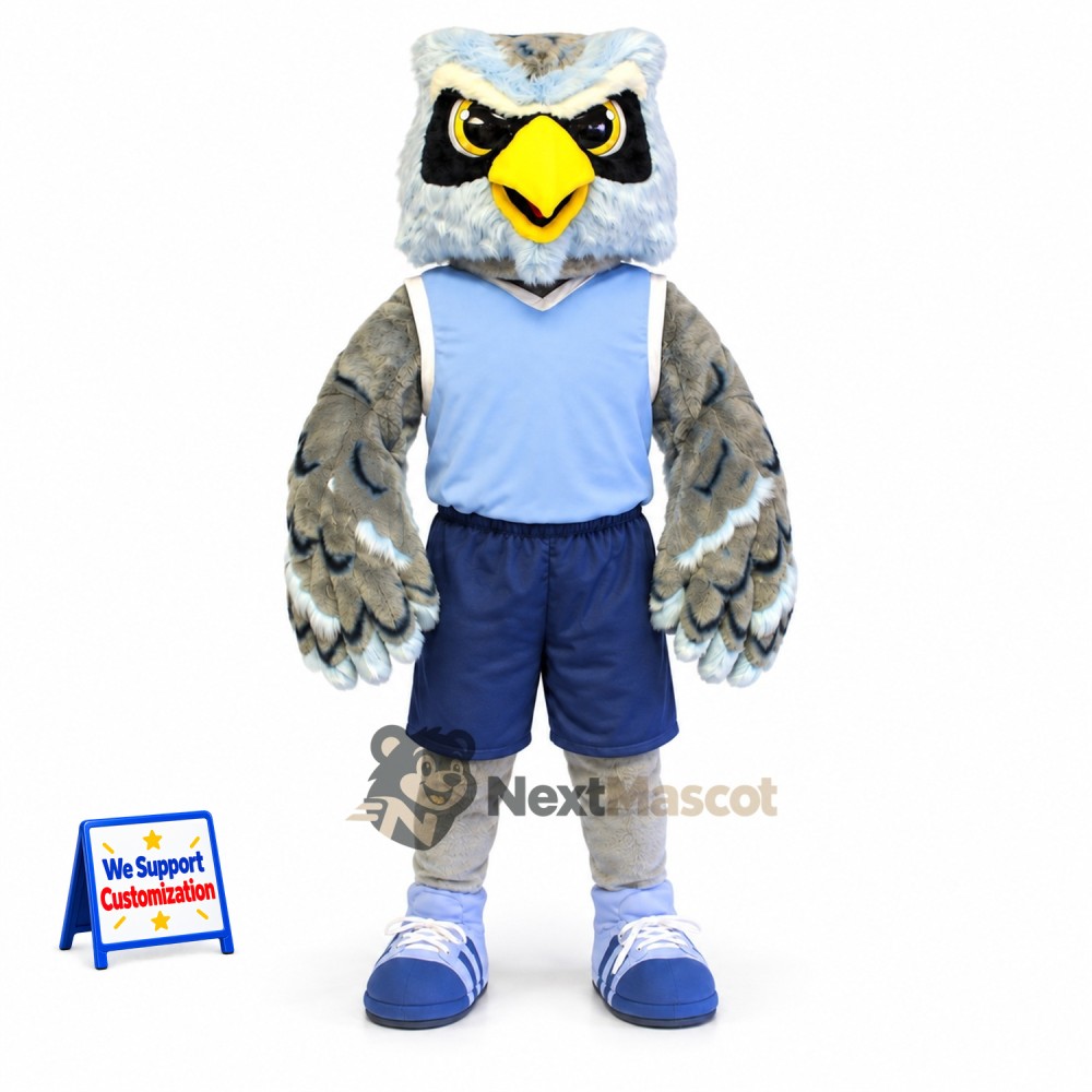Owl Mascot Costume - Gray, Blue Shirt Owl Mascot Costume - Gray, Blue Shirt