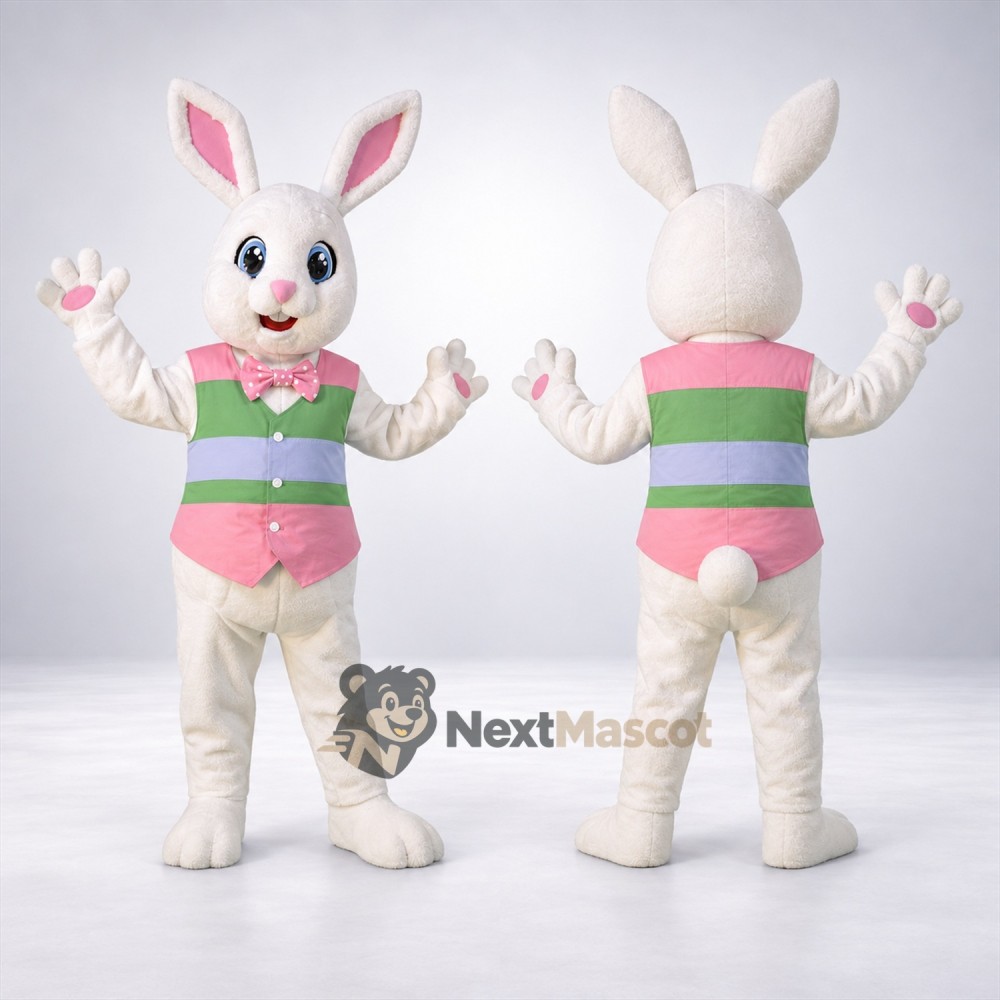 Rabbit Mascot Costume - White, Pastel Vest Rabbit Mascot Costume - White, Pastel Vest