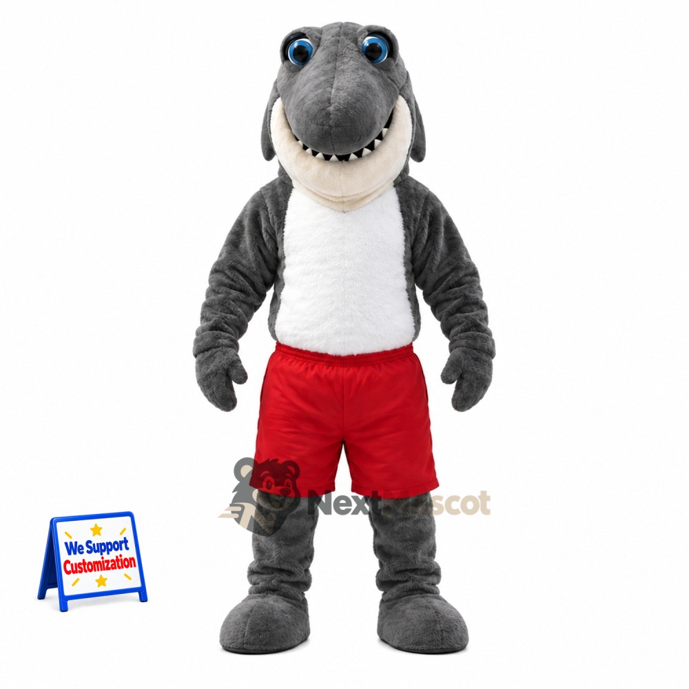 Shark Mascot Costume - Gray, Red Shorts Shark Mascot Costume - Gray, Red Shorts