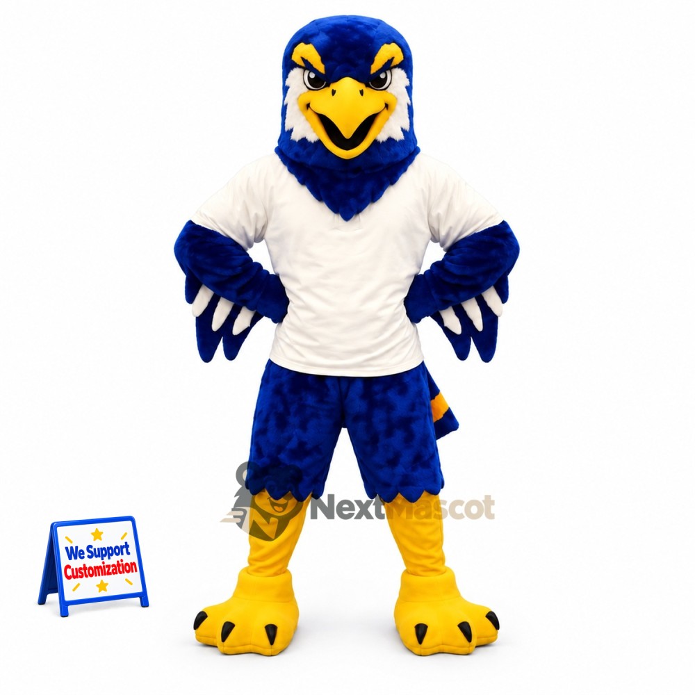 Eagle Mascot Costume - Blue, White Shirt for Festivals Eagle Mascot Costume - Blue, White Shirt for Festivals