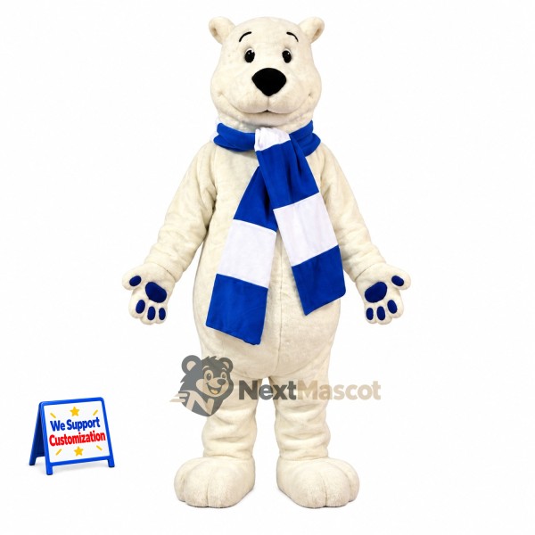 Bear Mascot Costume - White, Blue Scarf