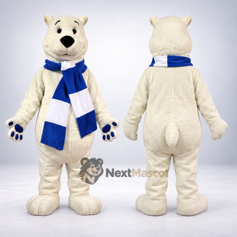Bear Mascot Costume - White, Blue Scarf Bear Mascot Costume - White, Blue Scarf