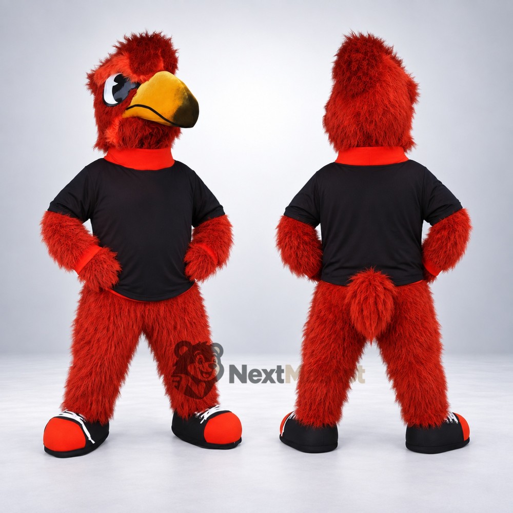 Parrot Mascot Costume - Red, Black Shirt Parrot Mascot Costume - Red, Black Shirt