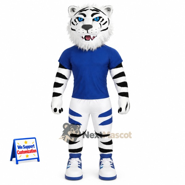Tiger Mascot Costume - White, Blue Uniform