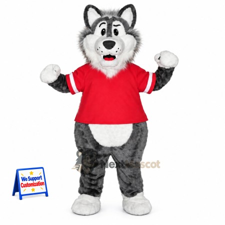 Wolf Mascot Costume - Gray Fur and Red Shirt