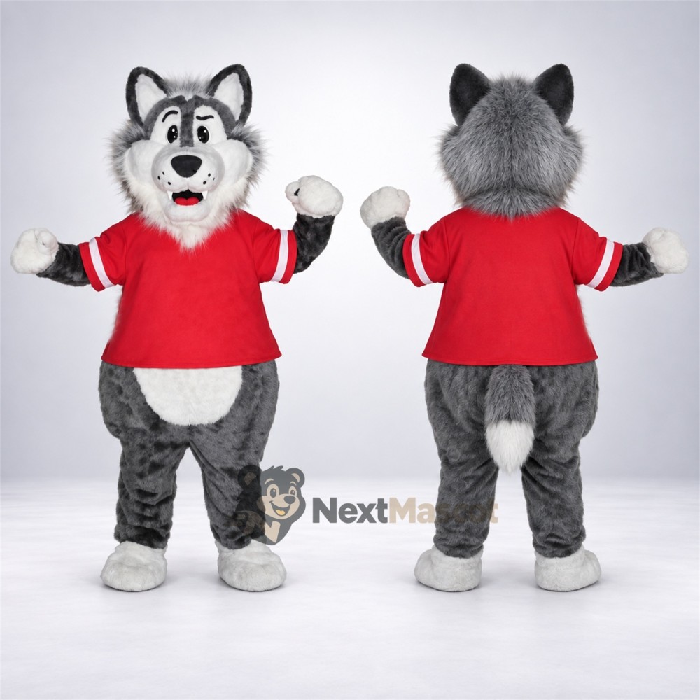 Wolf Mascot Costume - Gray Fur and Red Shirt