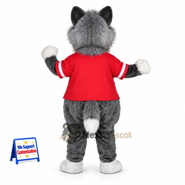 Wolf Mascot Costume - Gray Fur and Red Shirt