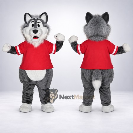 Wolf Mascot Costume - Gray Fur and Red Shirt