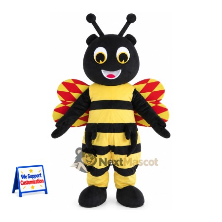 Bee Mascot Costume - Black and Yellow, Patterned Wings Bee Mascot Costume - Black and Yellow, Patterned Wings