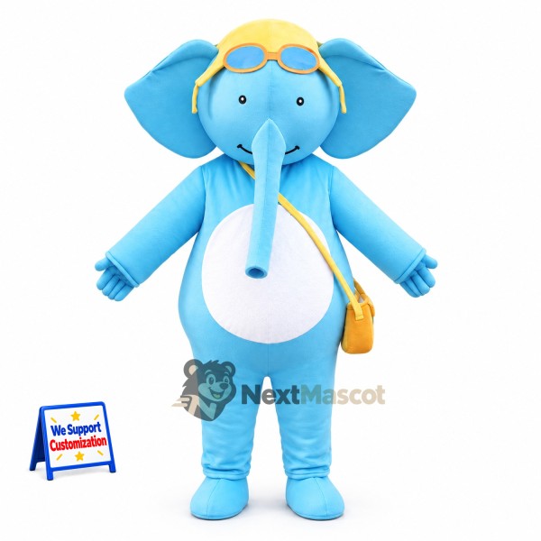 Elephant Mascot Costume - Blue, Yellow Cap and Suspenders