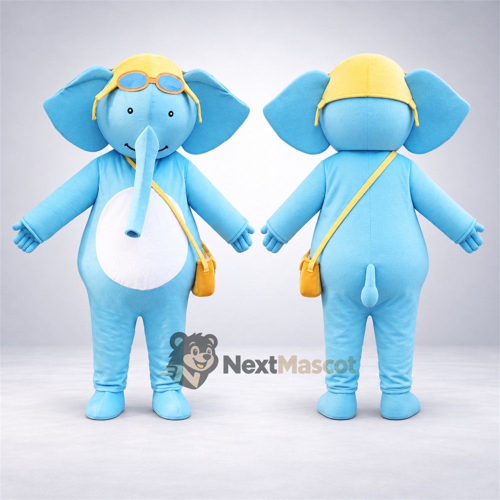 Elephant Mascot Costume - Blue, Yellow Cap and Suspenders