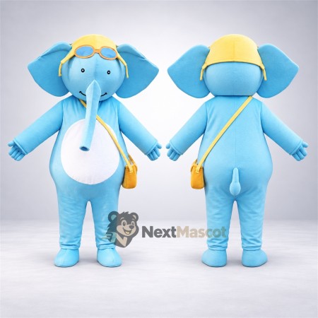 Elephant Mascot Costume - Blue, Yellow Cap and Suspenders
