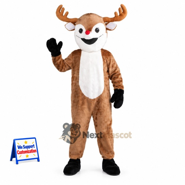 Deer Mascot Costume - Brown, Red Nose