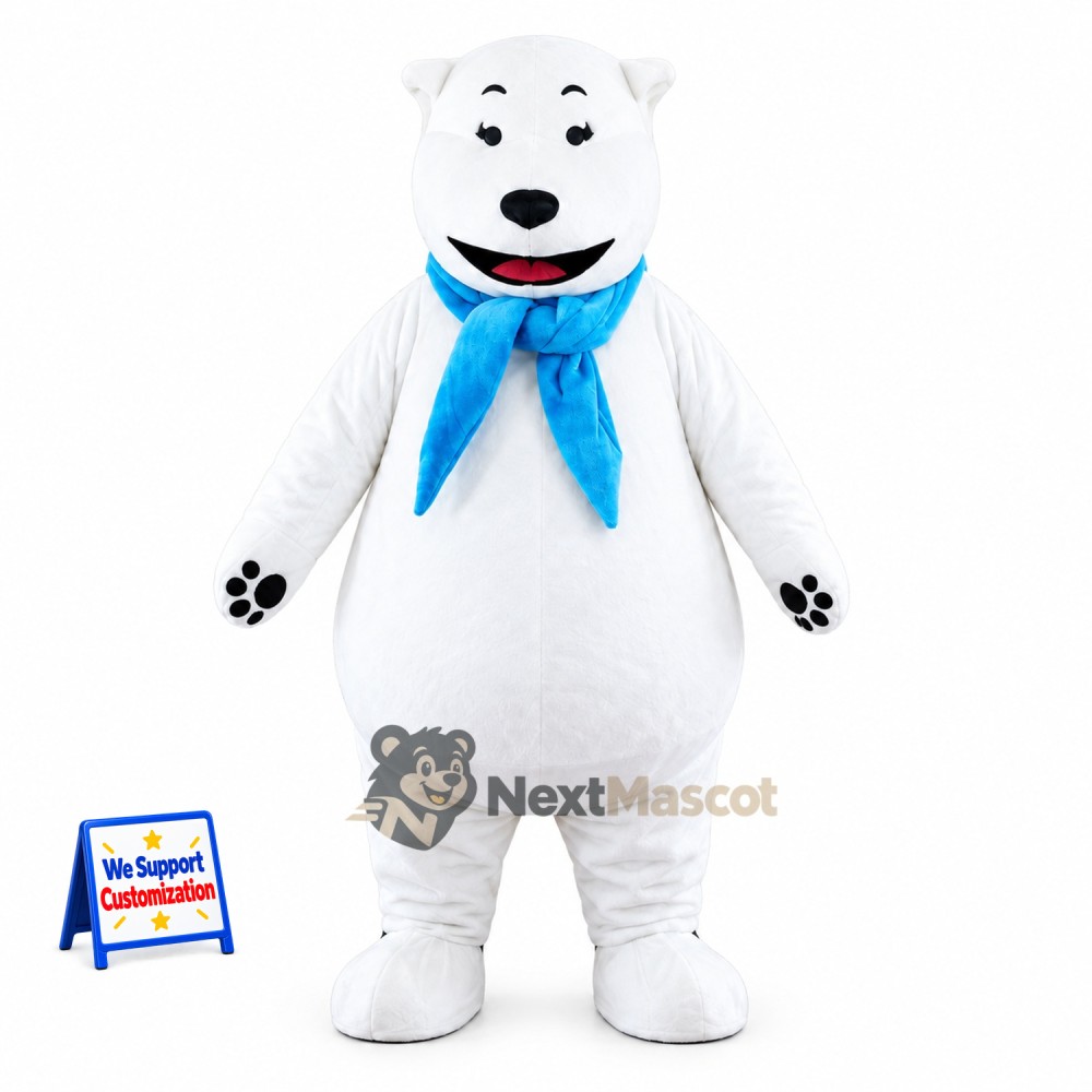 Bear Mascot Costume - White, Blue Scarf for Parades Bear Mascot Costume - White, Blue Scarf for Parades
