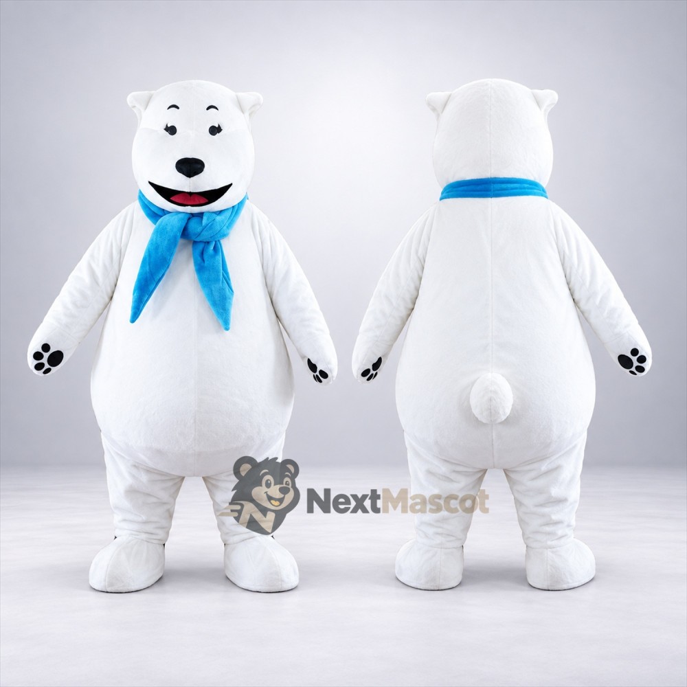 Bear Mascot Costume - White, Blue Scarf for Parades Bear Mascot Costume - White, Blue Scarf for Parades