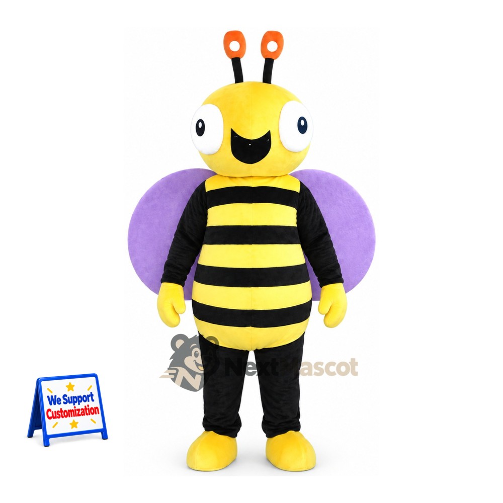Bee Mascot Costume - Black Shirt, Purple Wings