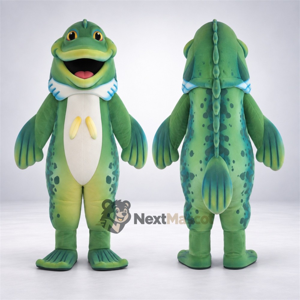 Fish Mascot Costume - Green, Yellow Belly Fins Fish Mascot Costume - Green, Yellow Belly Fins