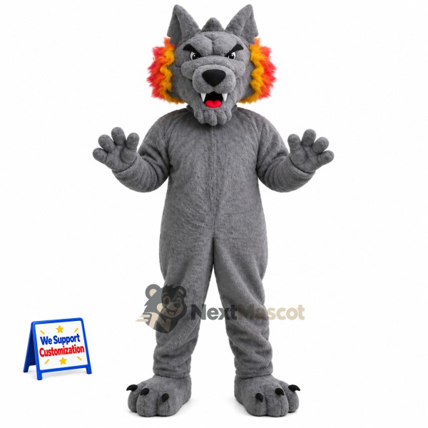 Wolf Mascot Costume - Gray, Flame-Colored Ears and Tail