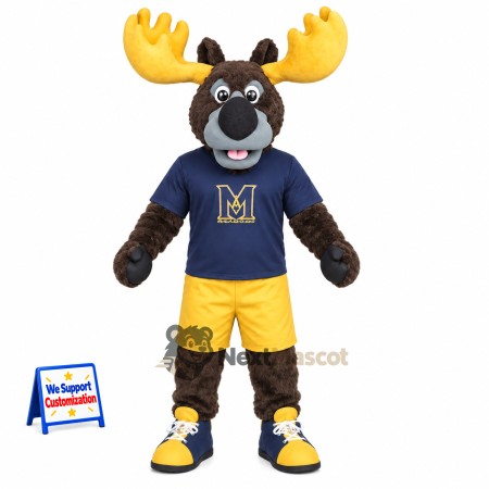 Moose Mascot Costume - Navy Shirt and Yellow Shorts Moose Mascot Costume - Navy Shirt and Yellow Shorts