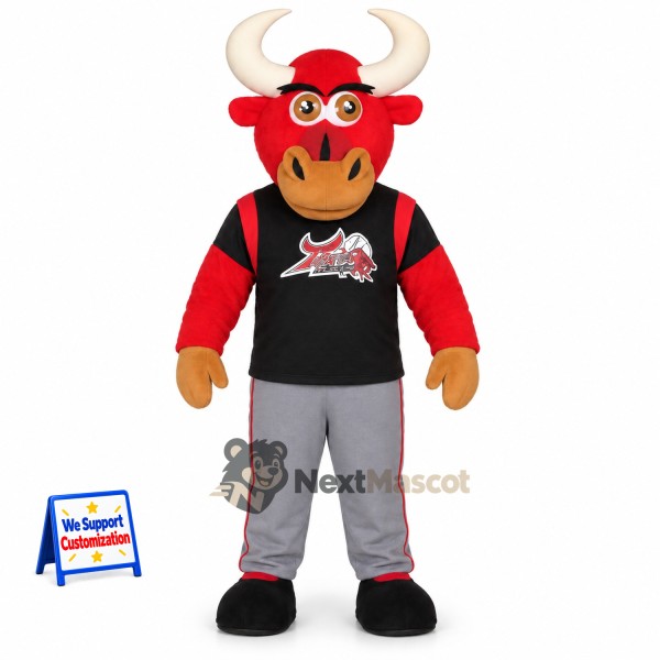 Bull Mascot Costume - Red, Black Shirt and Gray Pants