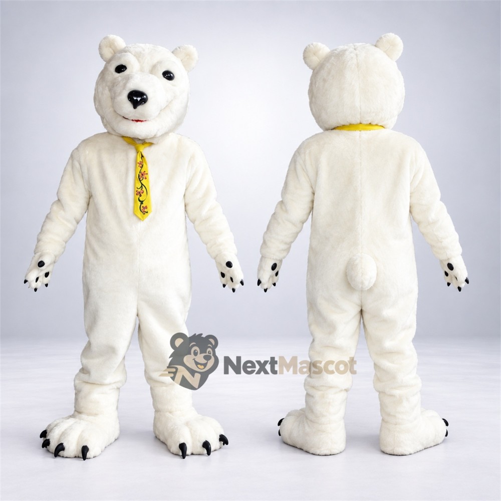 Bear Mascot Costume - White, Tie Bear Mascot Costume - White, Tie