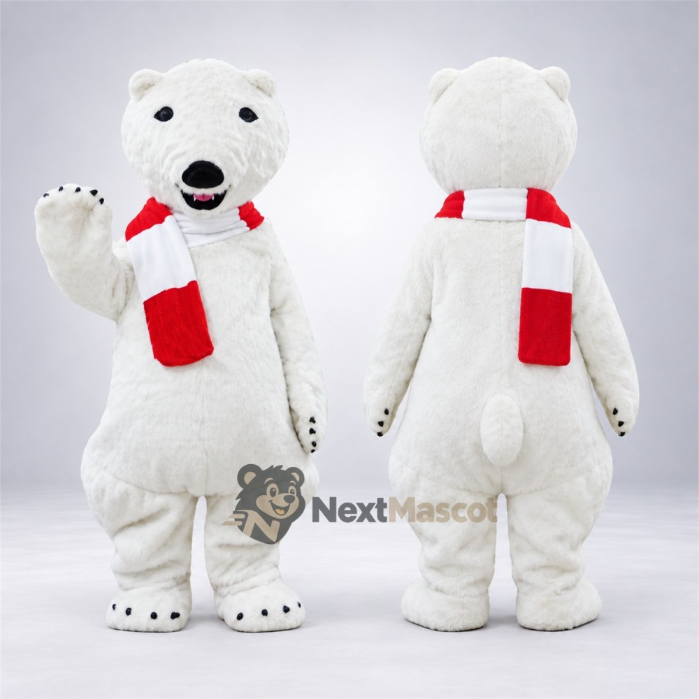 Polar Bear Mascot Costume - Red Scarf Polar Bear Mascot Costume - Red Scarf