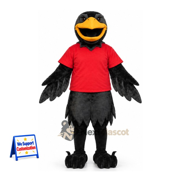 Raven Mascot Costume - Black, Red Shirt